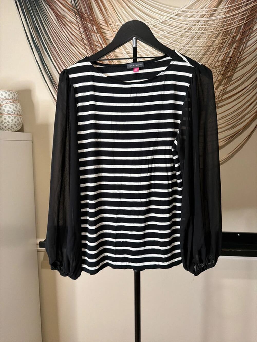 Vince Camuto striped blouse with sheer sleeves, EUC M 3237